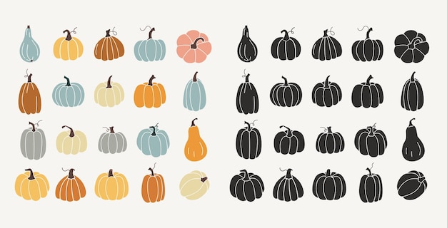 Pumpkins Hand drawn icons Colofrul and black and white pumpkins set Vector illustration