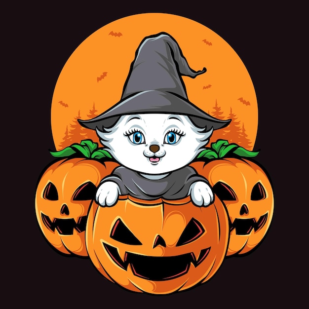 Vettore testa di zucca con simpatico gatto halloween vettore