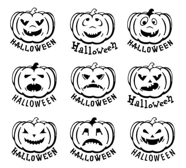 Pumpkins icons vector black halloween pumpkin silhouette set of emoticon pumpkins