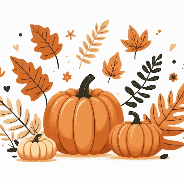 Vector pumpkins and leave illustration cute pumkin and some fall leave flat illustration