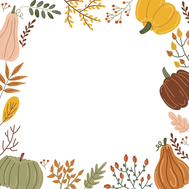 Pumpkins and leaves Square frame vector illustration flat cartoon style
