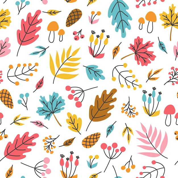 Vector pumpkins mushrooms birds and berries with leaves autumn vector seamless pattern in a flat style