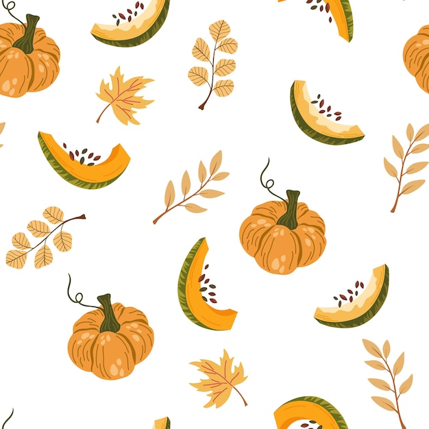 カボチャのシームレスなパターン秋の秋の感謝祭とハロウィーンの装飾葉の半分とスライスを持つカボチャの形生地テキスタイル包装紙の壁紙のテクスチャに最適ベクトル