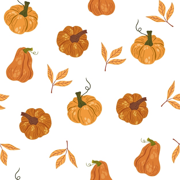 Modello senza cuciture di zucche autunno autunno ringraziamento e decorazione di halloween forme di zucca con foglie a metà e fette perfetto per texture per carta da parati in tessuto tessile carta da imballaggio vettore