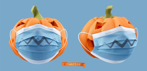 Vector pumpkins in surgical masks. halloween holiday. 3d vector realistic object