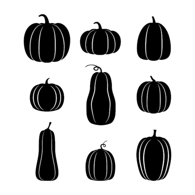 Pumpkins of various shapes black silhouette set