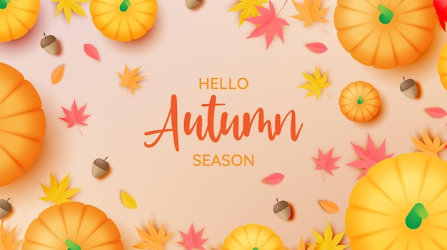 Pumpkins with autumn leaves background vector illustration