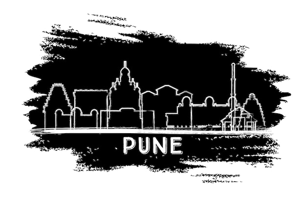푸네 인도 도시 스카이 라인 실루엣입니다. 손으로 그린 스케치. 벡터 일러스트 레이 션. 역사적인 건축과 비즈니스 여행 및 관광 개념입니다. 랜드마크가 있는 푸네 도시 풍경.