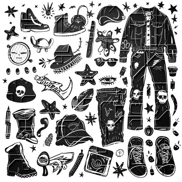 Vector punk clothes flat vector lin set illustration high quality