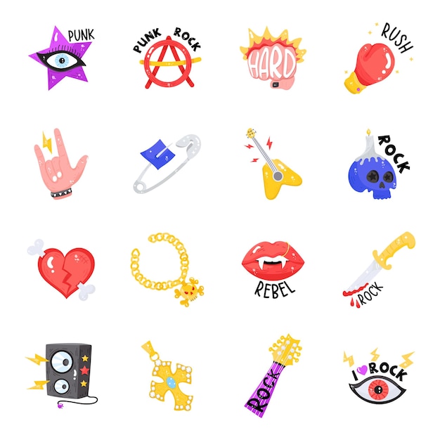 Punk Rock Flat Sticker Icons