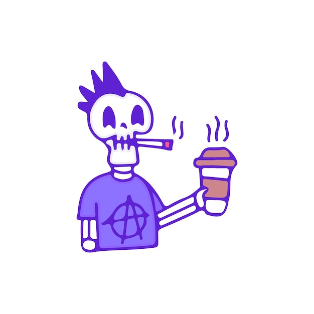 Punk schedel drink een kopje koffie, illustratie voor t-shirt.