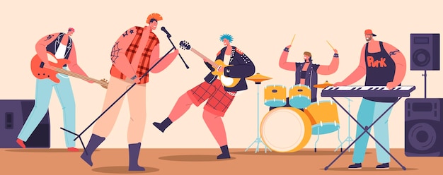 Vector punkrockmuzikanten creëren rauwe, agressieve muziek door gitaren, beukende drums en politiek geladen teksten, uitdagende maatschappelijke normen en pleiten voor verandering cartoon mensen vector illustratie