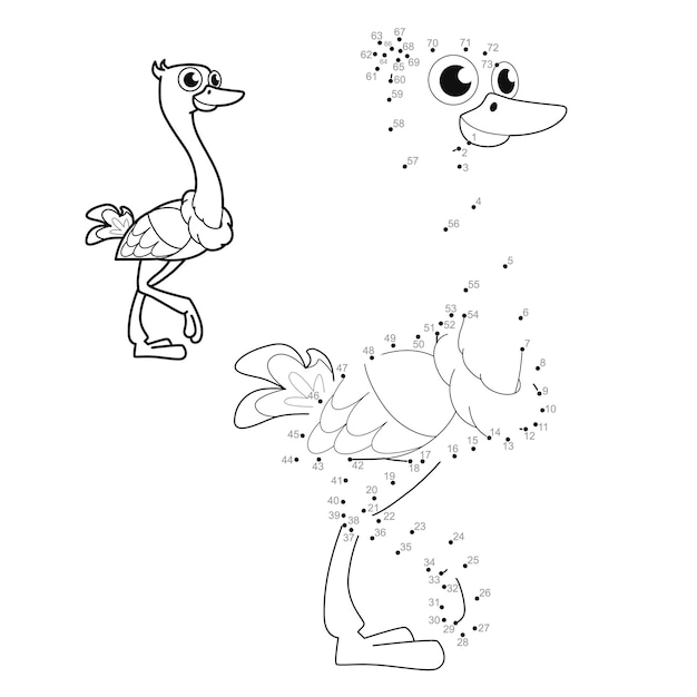 Punt-naar-punt-puzzel voor kinderen. Verbind stippen-spel. struisvogel illustratie