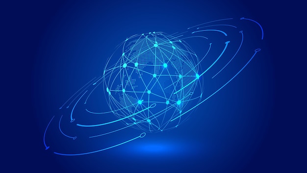 Punten en lijnen verbinden de baan van de aarde en de wereldwijde toekomst van wetenschap en technologie