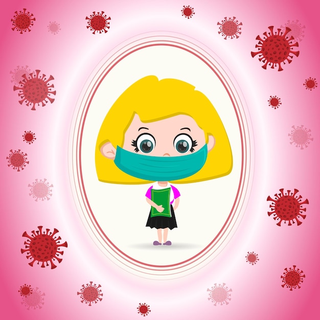 Vector pupil girl with virus protection wallpaper