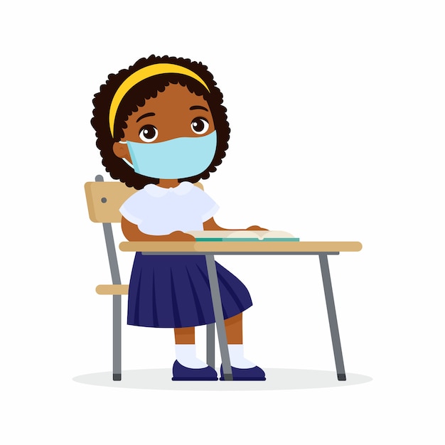 Ученик на уроке с защитной маской на его лице плоский набор иллюстраций. Темнокожая школьница сидит в школьном классе за партой. Защита от вирусов, концепция аллергии.