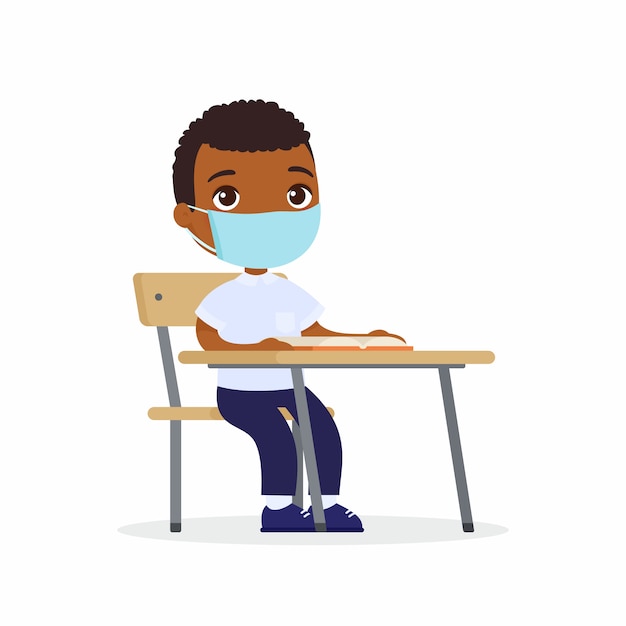 彼の顔の平らなベクトルイラストセットに防護マスクを使ってレッスンで生徒。褐色肌の男子生徒が学校の教室の机に座っています。ウイルス保護の概念。