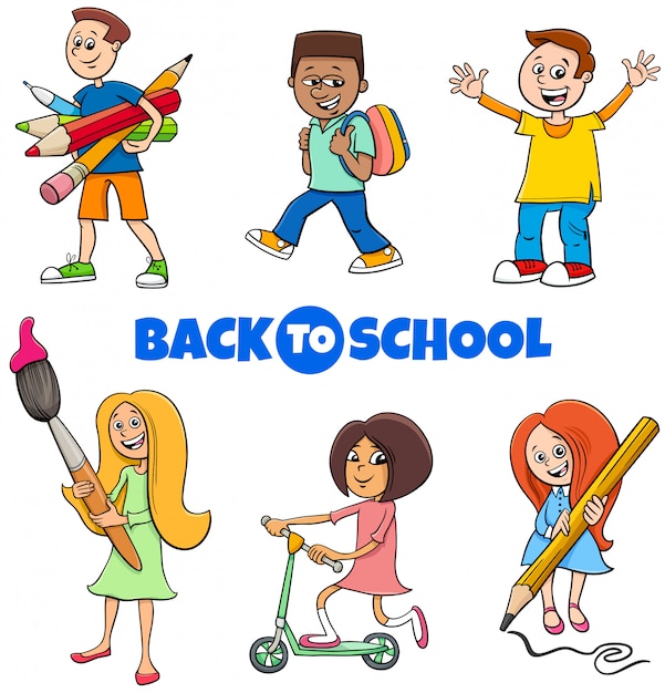 Pupils children back to school cartoon set