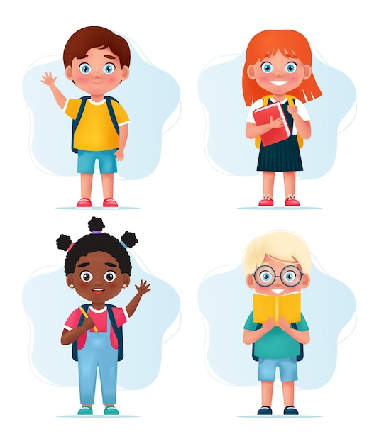 Vettore alunni ragazze e ragazzi felici scolari personaggi tornano a scuola concetto illustrazione vettoriale