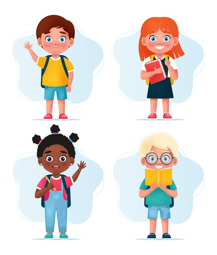 Vector pupils girls and boys happy school children characters back to school concept vector illustration