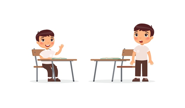 Pupils at lesson set. school boy raising hand in classroom for answer, confused pupil thinking task solution cartoon characters. elementary school education process