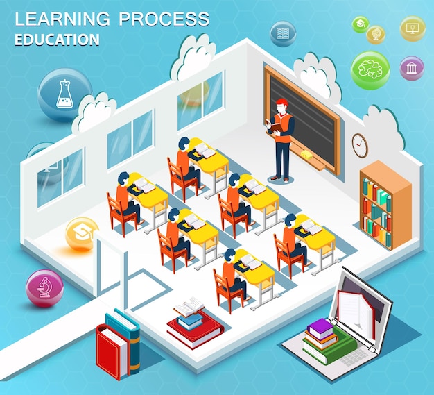 Pupils study in the classroom concept of learning isometric flat design vector illustration