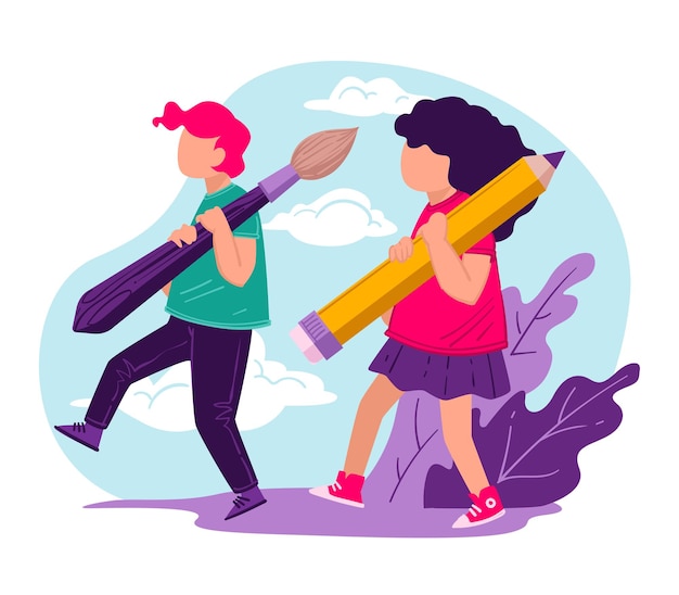 Pupils with brush and pencil carrying school supplies on lesson or classes. children characters learning art disciplines, education and development of creative skills, hobby vector in flat style