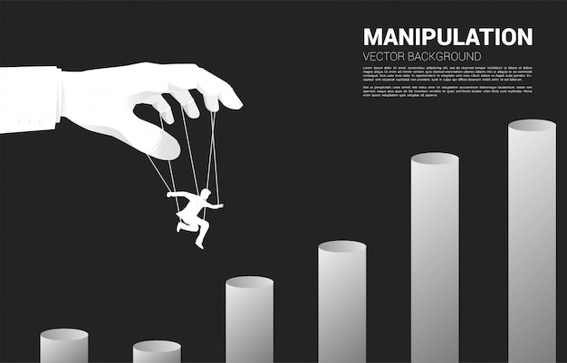 ベクトル 高いグラフにジャンプする実業家のシルエットを制御する操り人形マスター。操作とマイクロ管理の概念