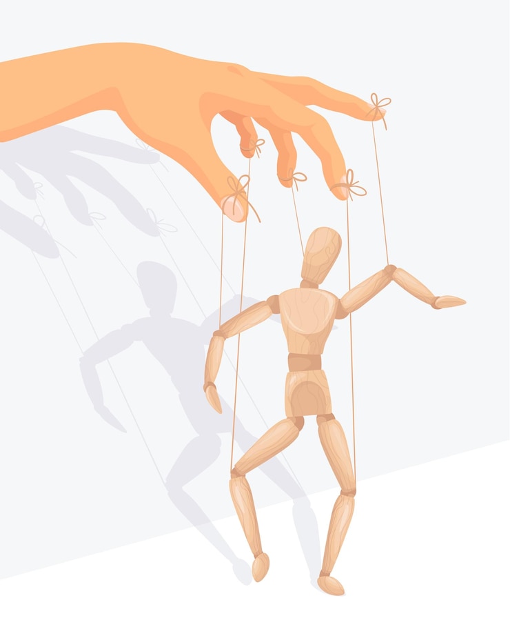 Vector puppet master hand marionette control strings on puppeteer hands puppeteers manipulate wooden man puppet toy at thread psychology gaslighting concept neat vector illustration