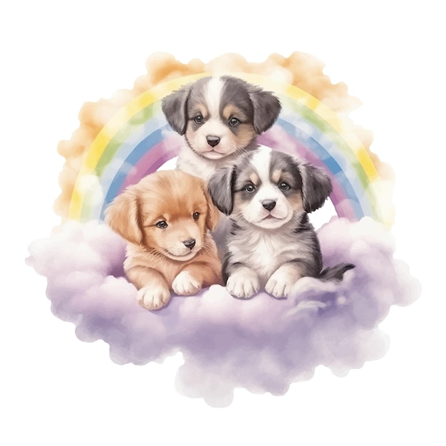 Puppies on cloud watercolor illustration