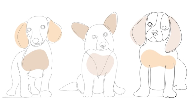 Puppies one continuous line drawing sketch isolated vector