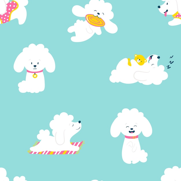 Puppies Seamless pattern . Funny white little poodle dogs in a daily routine.  illustration.