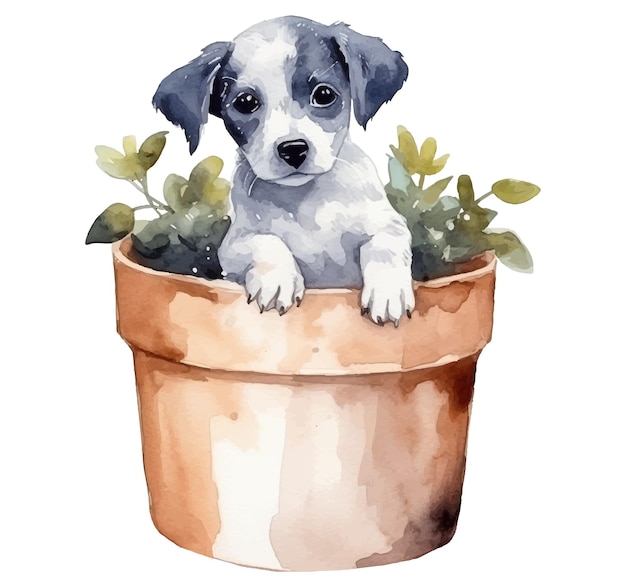 A puppy in a flower pot