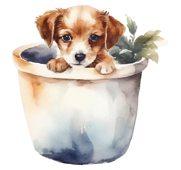 Puppy in a pot watercolor painting