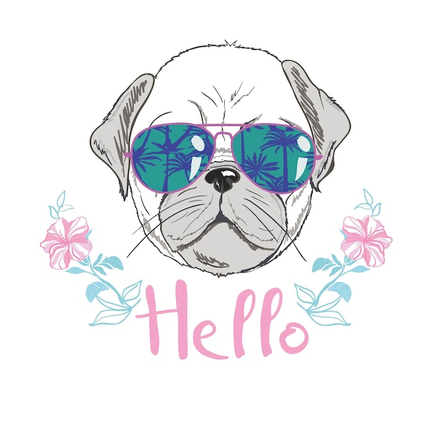 Vector puppy pug in a headband on pink background. vector illustration.