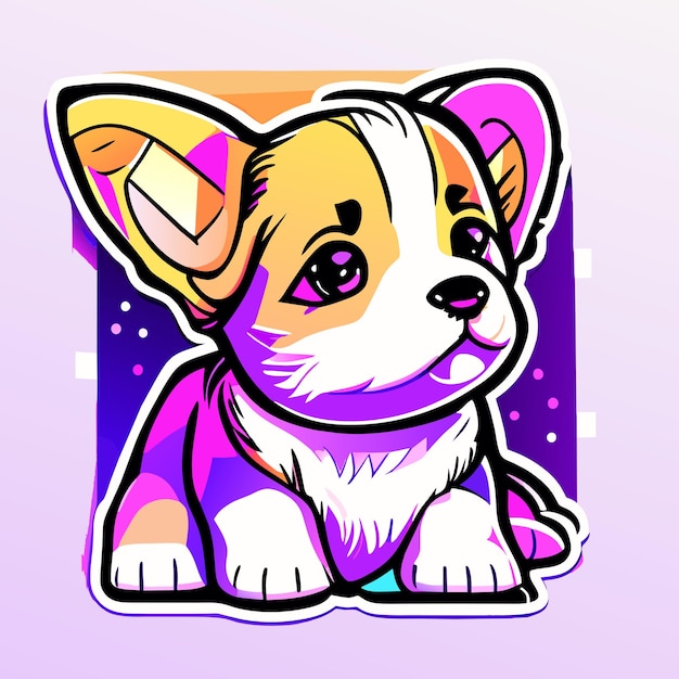 Puppy sticker adorable neon algorithm art contour vector white background detailed