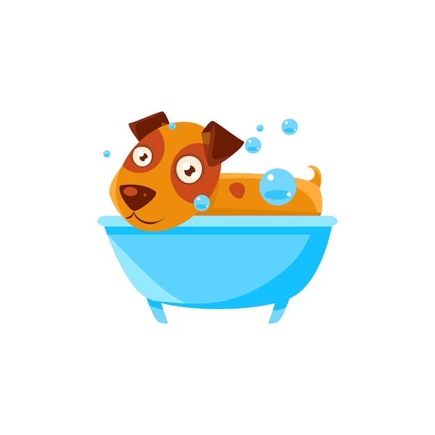 Щенок принимает ванну с пеной в ванне