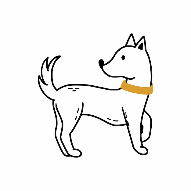 白い背景の上の首輪と子犬。落書きスタイルのかわいい犬。子供のための塗り絵。