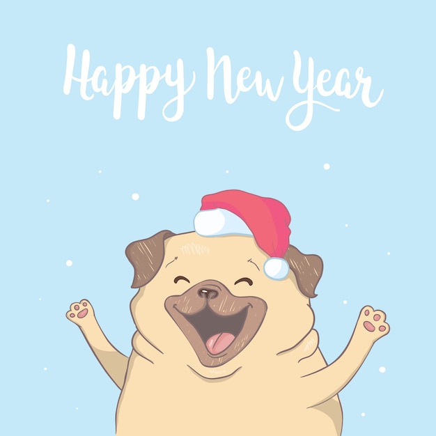 Puppypug in een kerstmuts en met kerstbal. vector illustratie