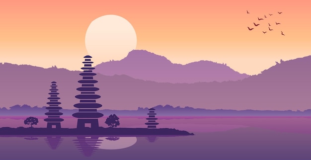 Pura ulan danu beroemde pagode van indonesië op het eiland bali in silhouet designvector illustratie