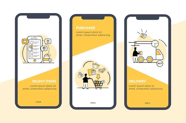 Purchase online onboarding app screens set