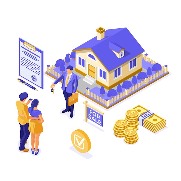 Purchase, rent, mortgage real estate isometric concept