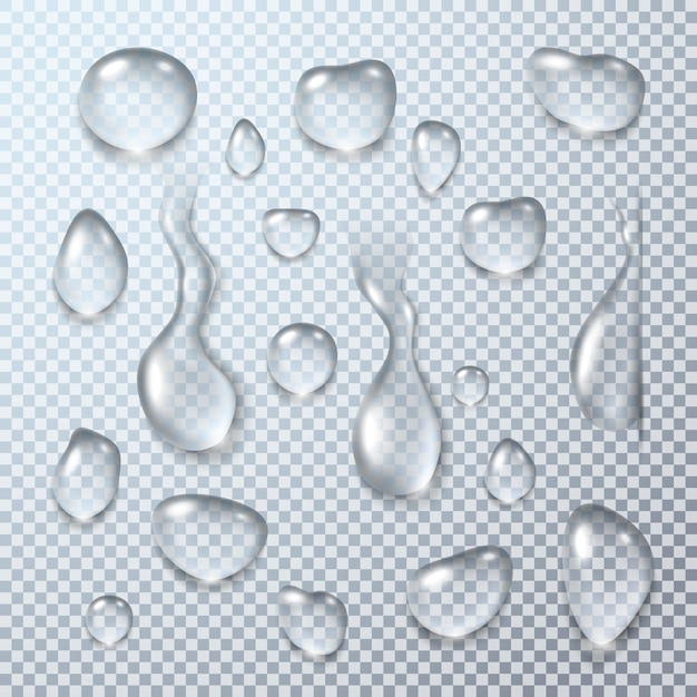 Pure and clear water drops set Realistic vector illustration isolated on transparent background