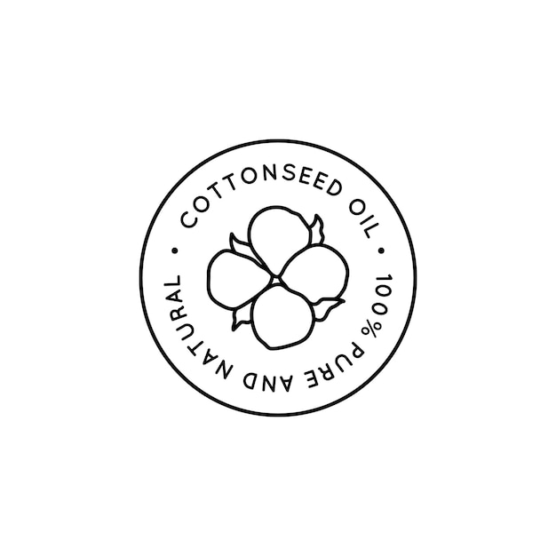 Pure cottonseed oil liner etiketten en badges - vector ronde pictogram, sticker, stempel, tag katoen bloem geïsoleerd op een witte achtergrond - natuurlijke biologische olie logo.