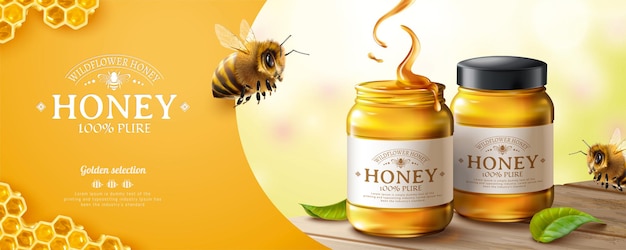 Vector pure honey banner ads with cute honey bee