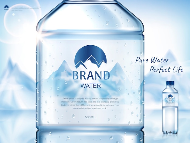 Pure mineral water ad, with bottle close up in the middle and smaller bottle on the right side, snow mountain background