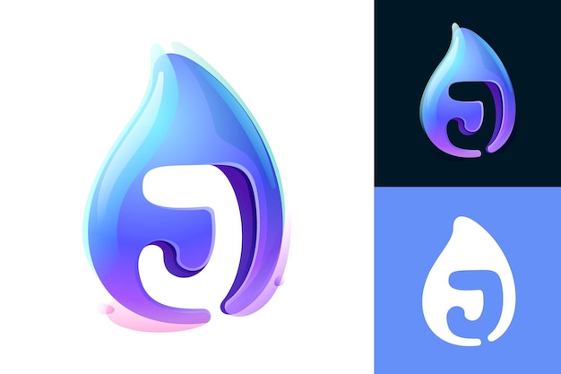 Vector pure water drop j letter logo ecofriendly 3d realistic icon wild wave initial in watercolor style