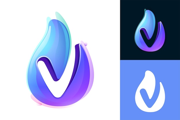 Vector pure water drop v letter logo ecofriendly 3d realistic icon wild wave initial in watercolor style