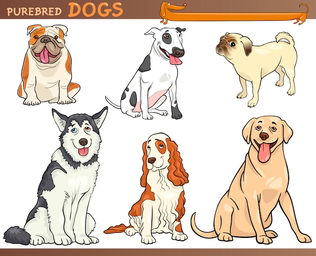 Vector purebred dogs cartoon illustration set