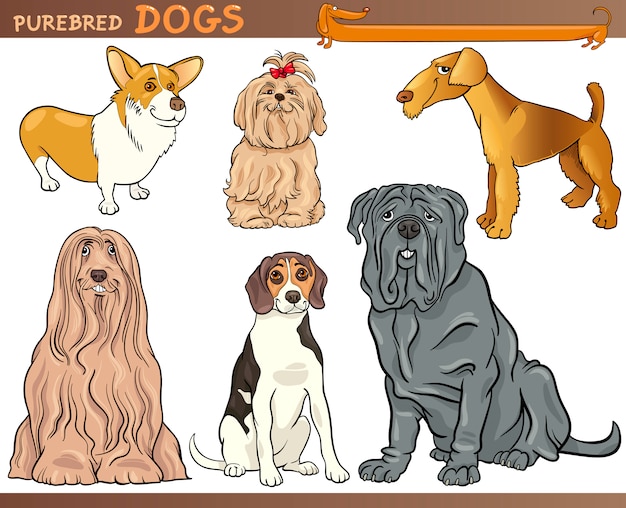 Purebred dogs cartoon illustration set